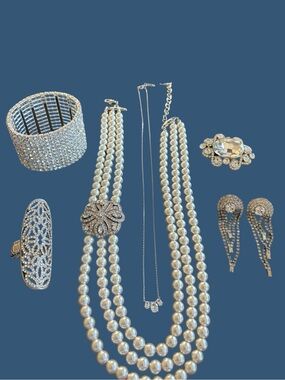 Classic Pearl Multi-Strand Necklace, brooch, earrings, bracelet and ring